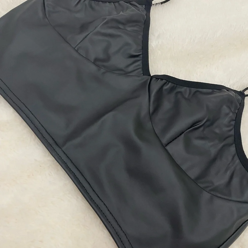 2-Piece Set: Long-Sleeve Mesh Crop Top + Leather Camis Top - Picture 4 of 4